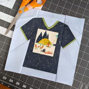 Graphic Tee foundation paper pieced quilt t-shirt block with fussy cut camping scene.