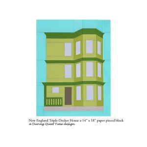 New England Triple-Decker House quilt block, green and brown paper pieced design.