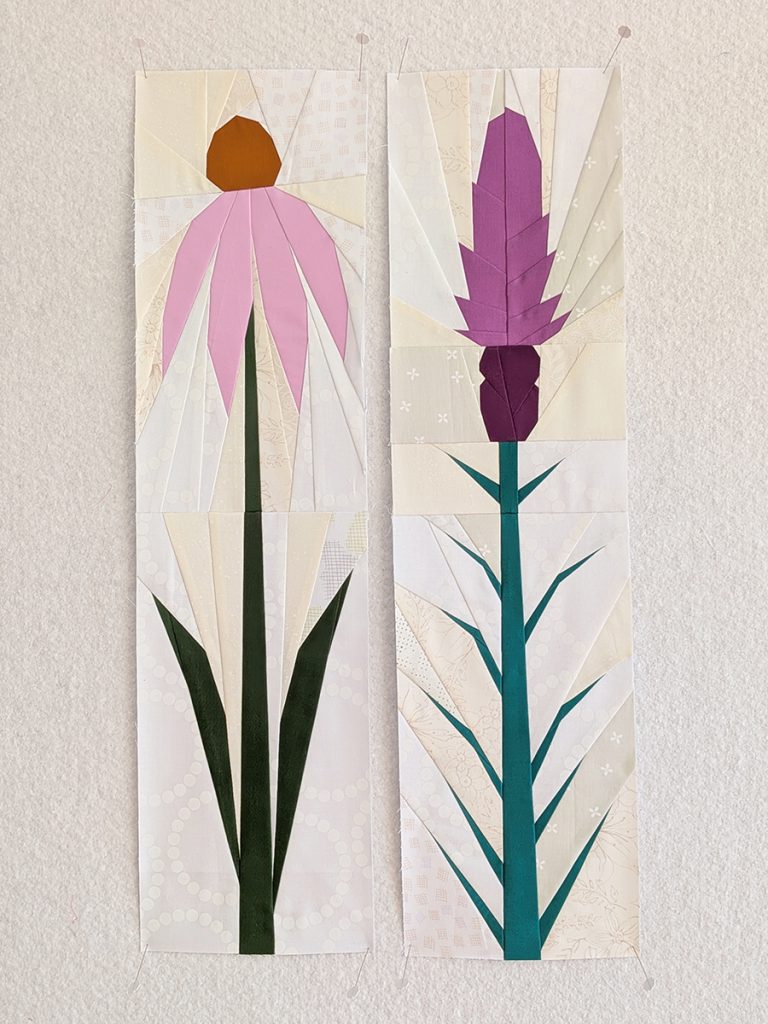 Native Bouquet foundation paper pieced flower quilt blocks featuring coneflower and liatris designs.
