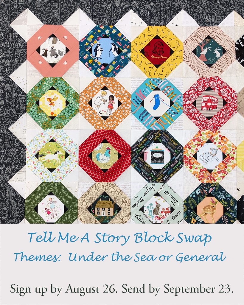 Graphic advertising the Tell Me A Story Block Swap with an Under the Sea theme